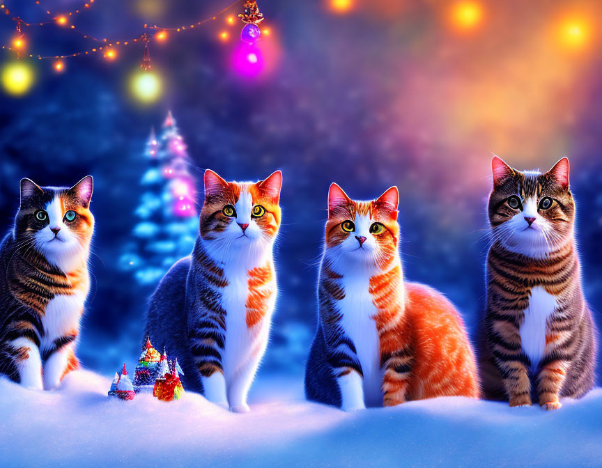 Colorful Cats Sitting in Snow with Christmas Tree Background