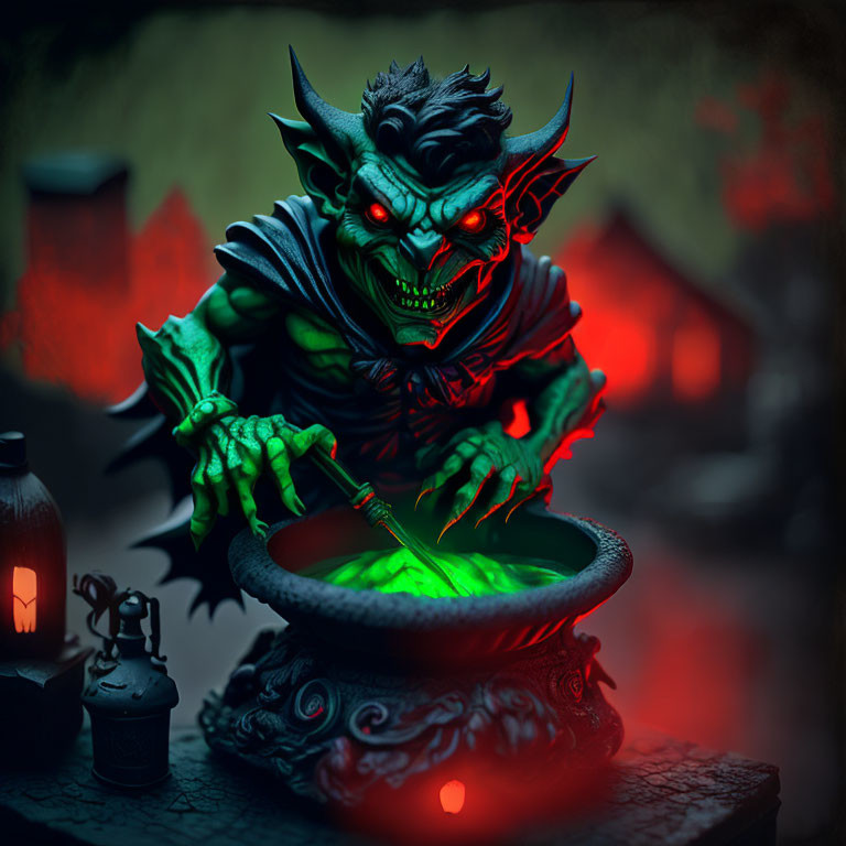 Animated gremlin brewing green potion in eerie setting