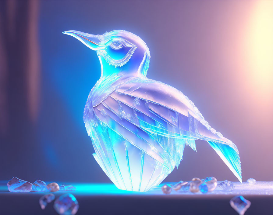 Luminous crystal bird emitting soft blue and pink glow on surface with smaller crystal fragments