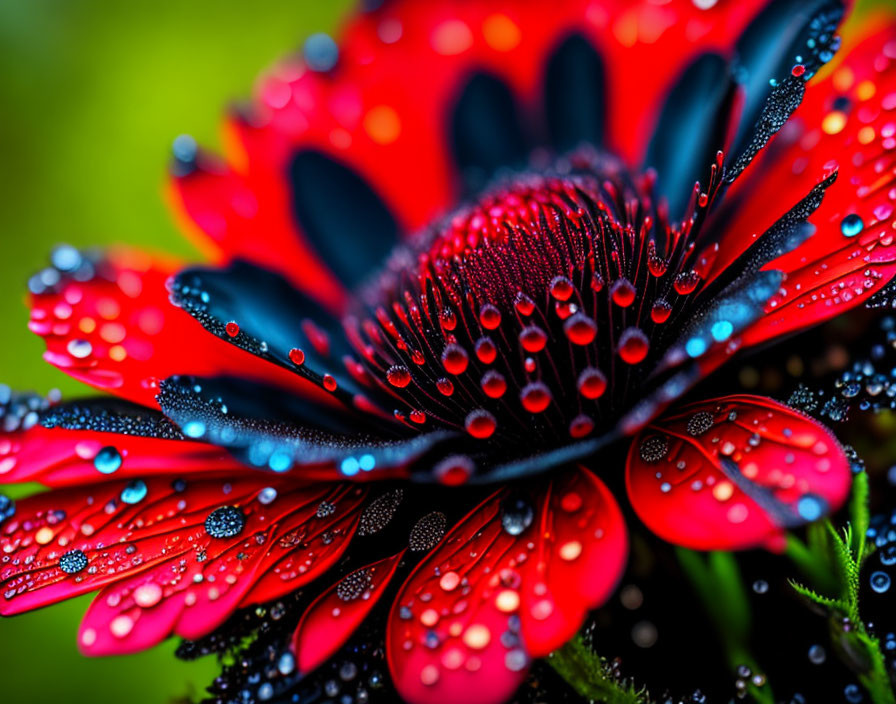 Vibrant red flower with dewdrops on petals against green backdrop