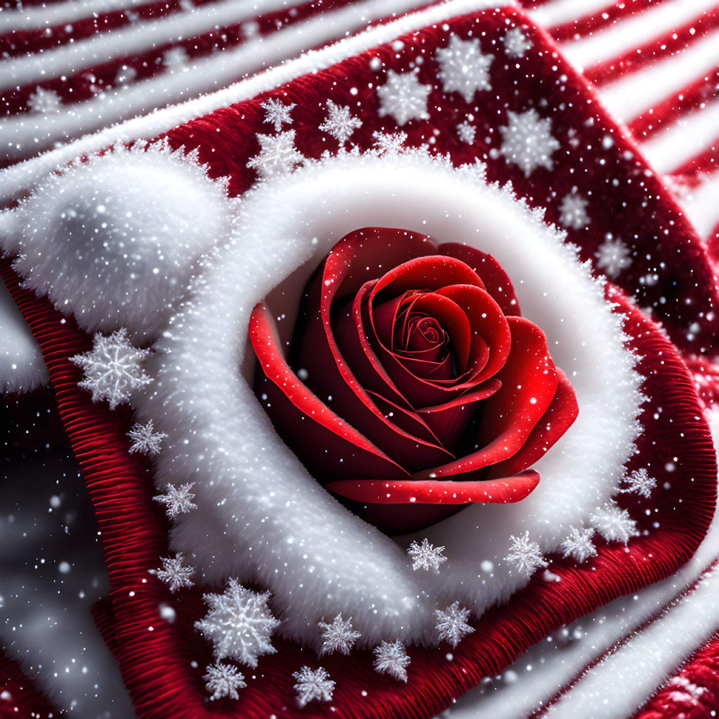 Red Rose Wrapped in Satin Ribbon Among Snowflakes on Striped Snowy Background