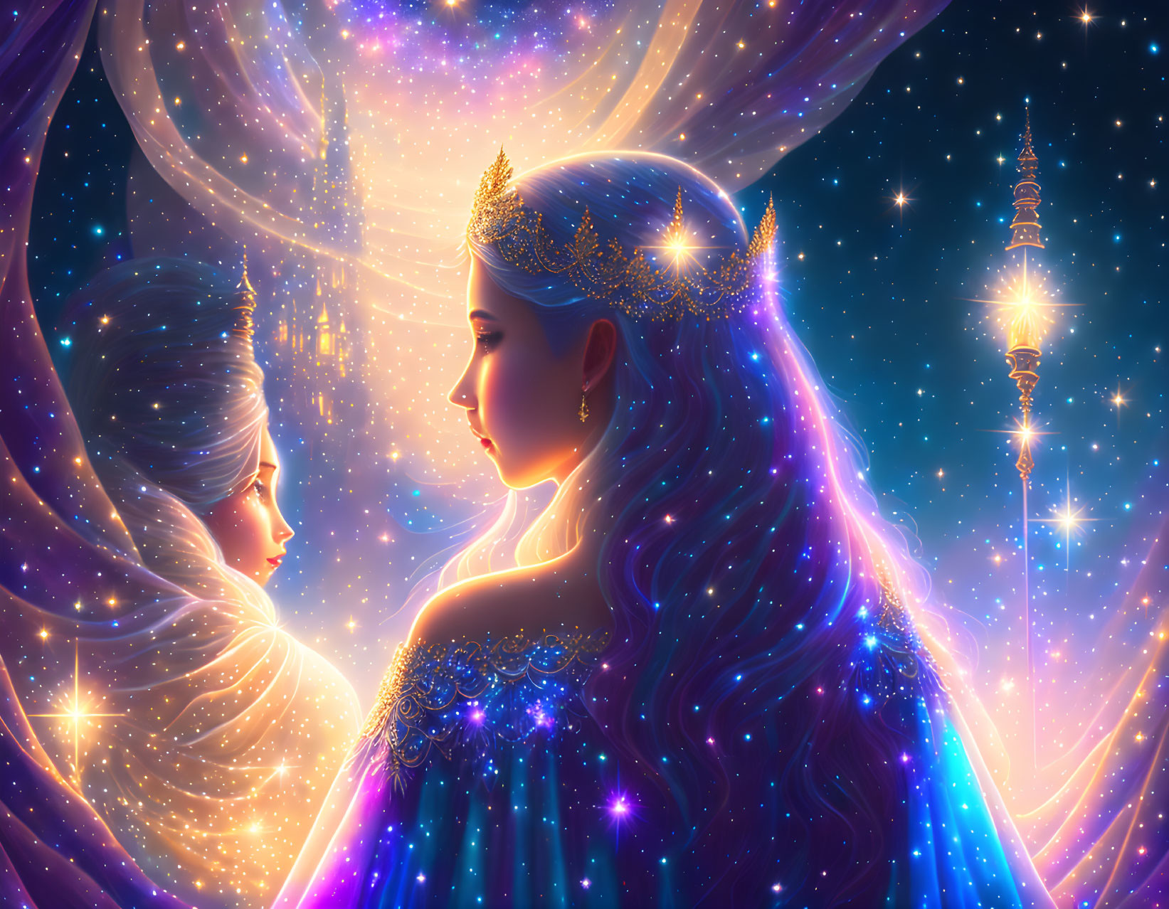 Fantasy queen illustration with sparkling crown and cosmic background