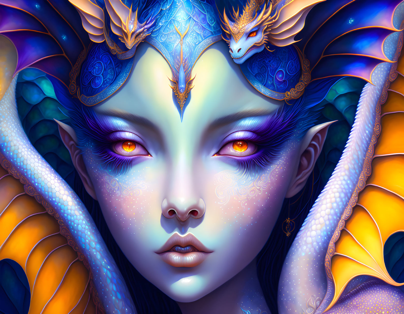 Fantastical portrait of creature with violet eyes, dragon-themed crown, and multicolored scales