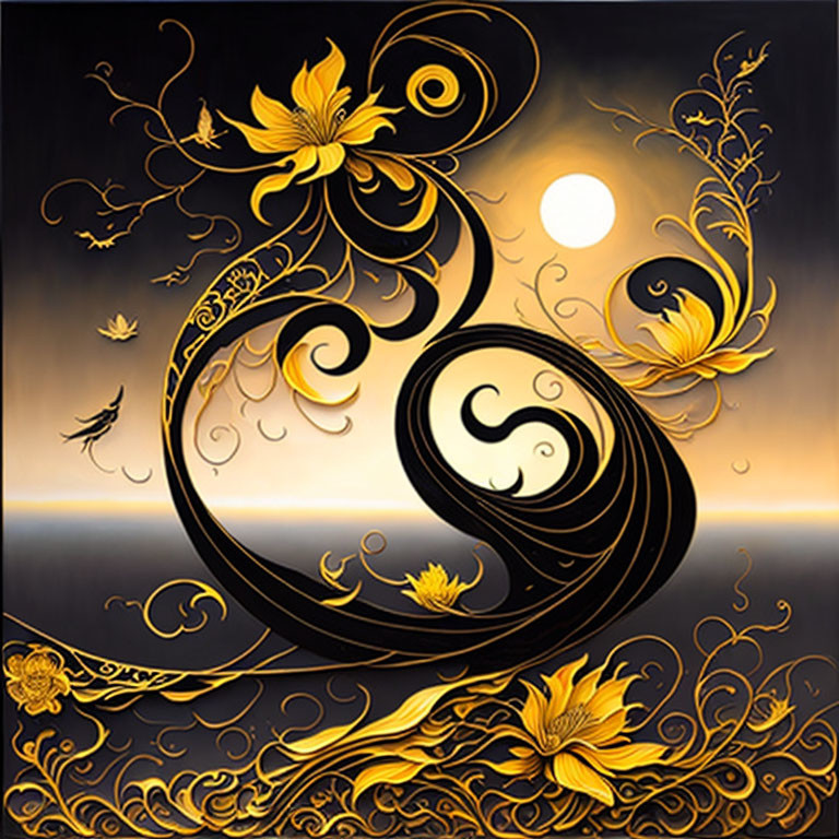 Intricate gold and black floral design with yin-yang symbol and moon