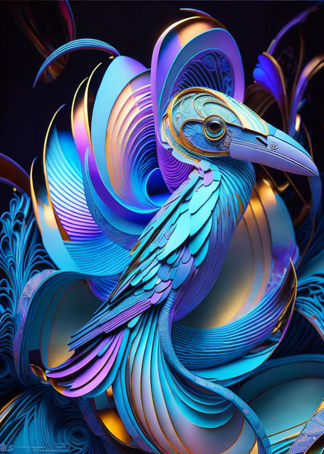 Colorful Stylized Bird Artwork with Metallic Sheen on Dark Background