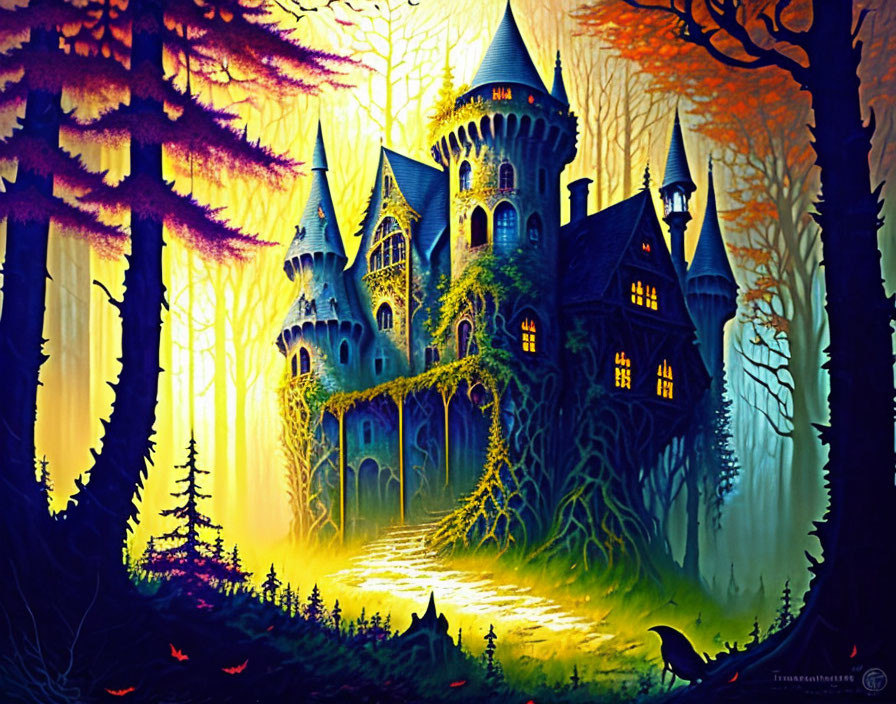 Mystical castle in autumnal forest with vivid colors