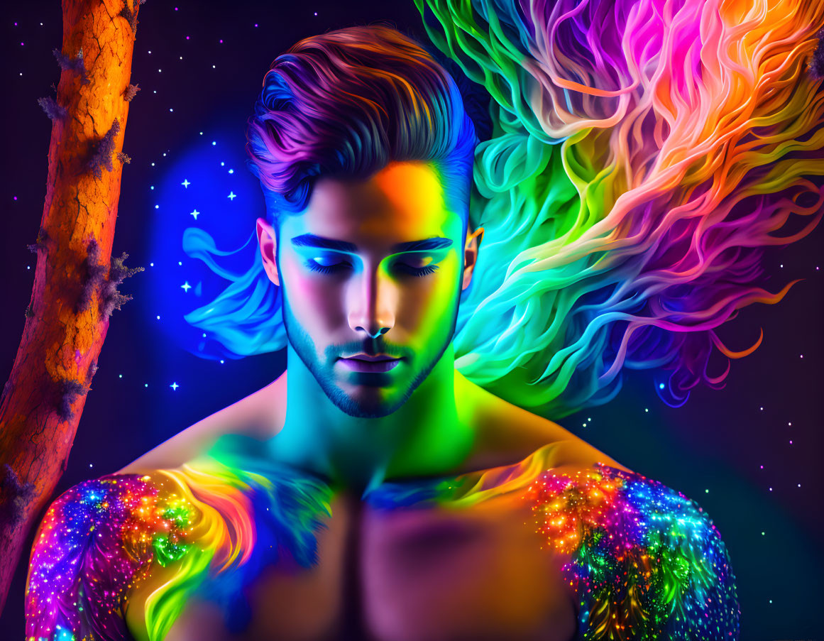 Colorful portrait of a man with neon skin and flowing hair on cosmic background.