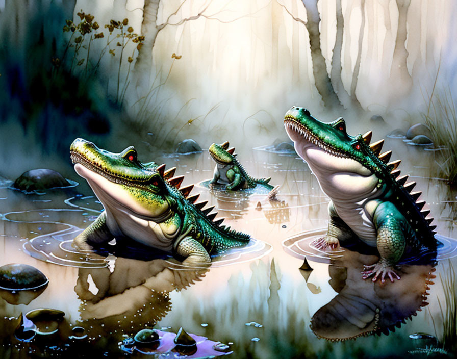 Stylized alligators in misty swamp with water and stones