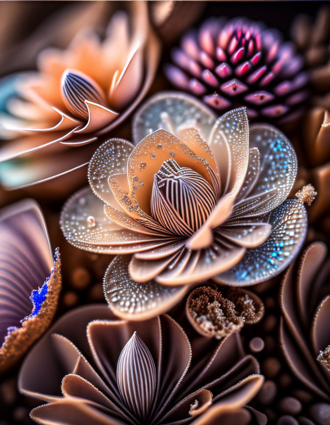 Intricate Stylized Flower Digital Art in Brown, Orange & Blue