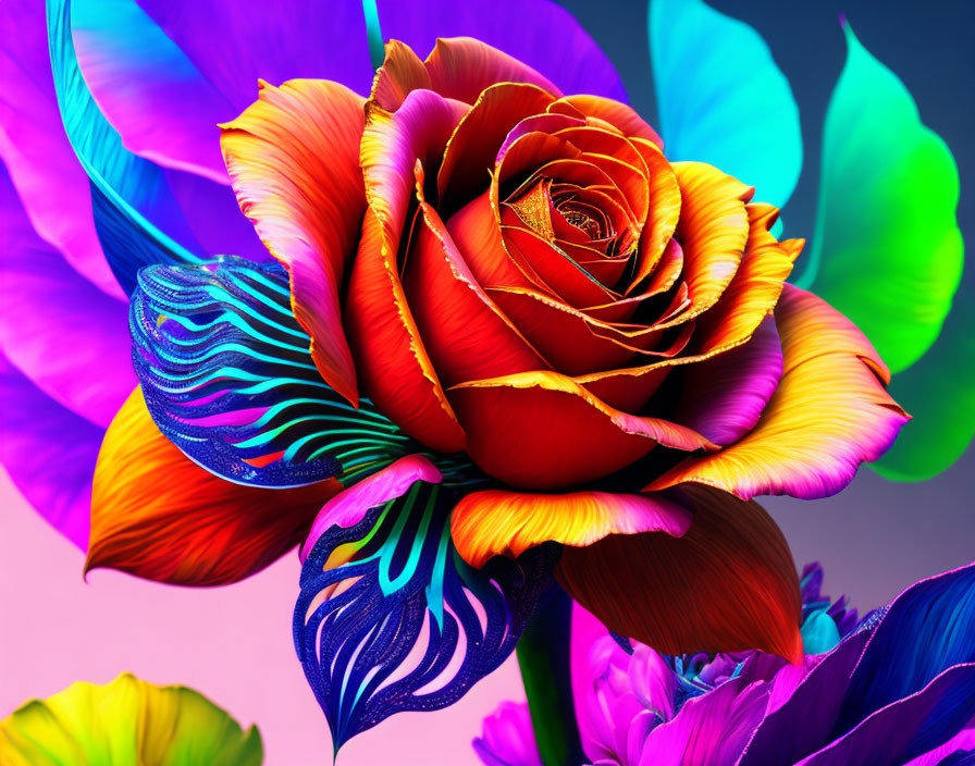 Colorful digitally enhanced rose on gradient background