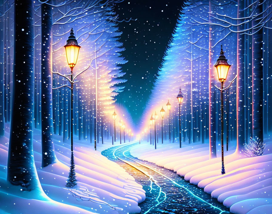 Snow-covered pathway with glowing lamps in winter night landscape