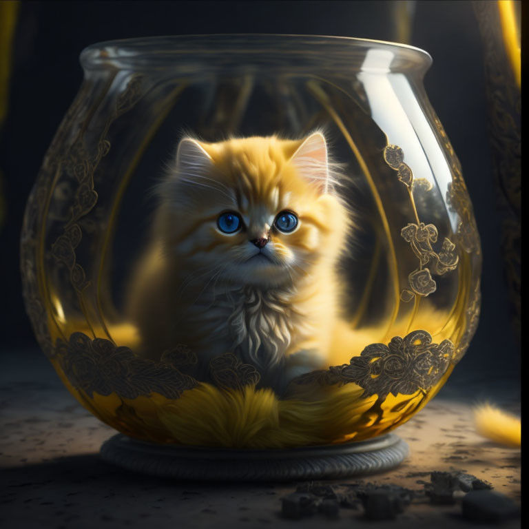 Fluffy kitten with blue eyes in gold embellished glass bowl