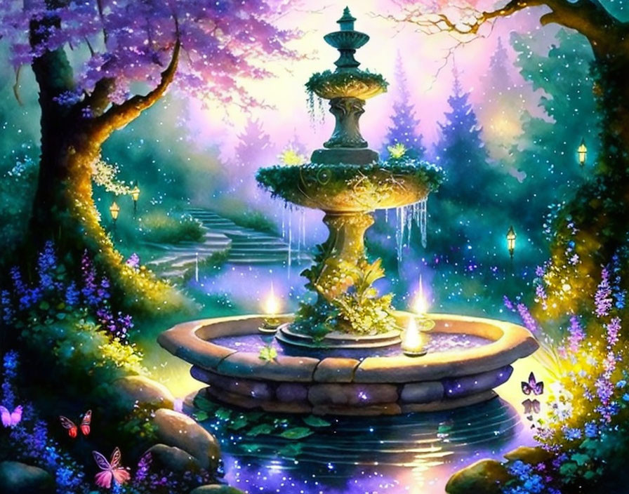 Twilight garden scene with multi-tiered fountain and blooming purple trees