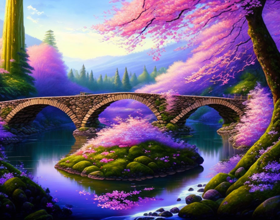 Stone bridge over tranquil river with cherry blossoms