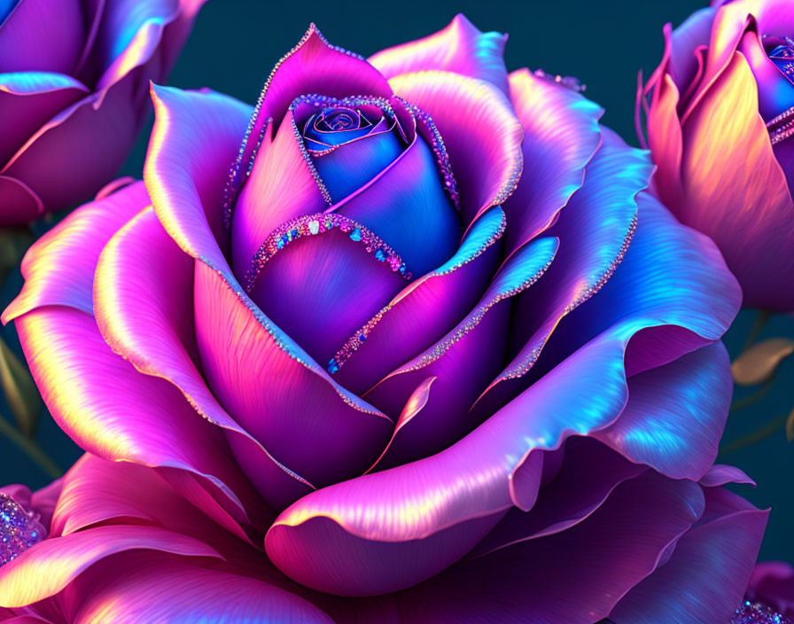 Colorful digital rose art with magenta to blue gradient and glittering dew