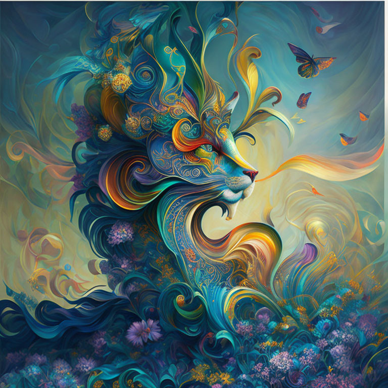 Colorful lion artwork with swirling patterns and vibrant blues and oranges.