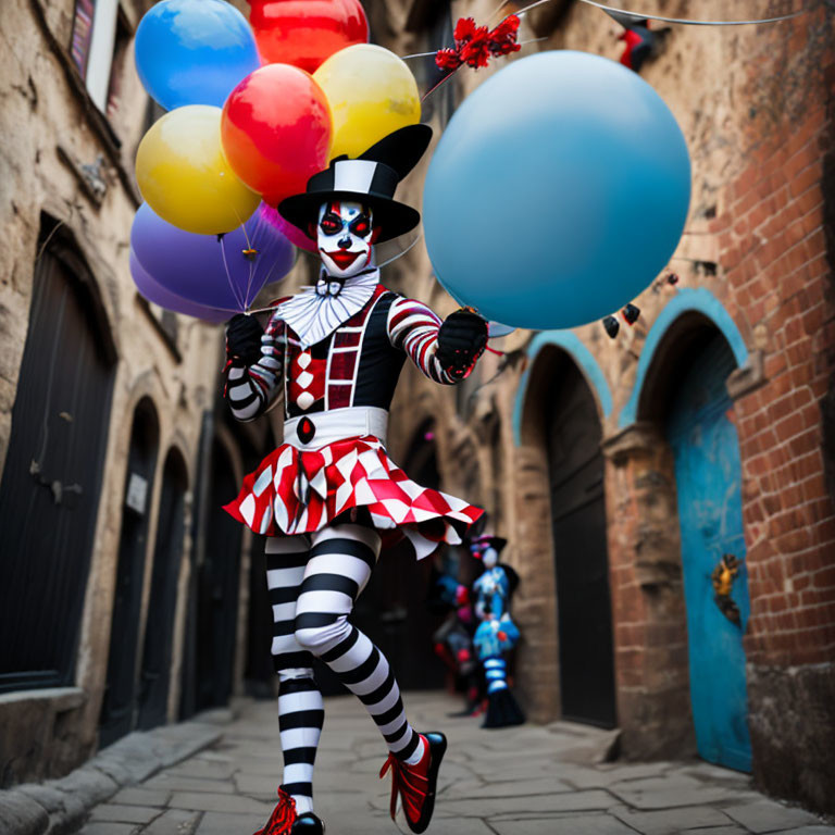 Harlequin costume person with mime face paint holding colorful balloons on cobblestone street