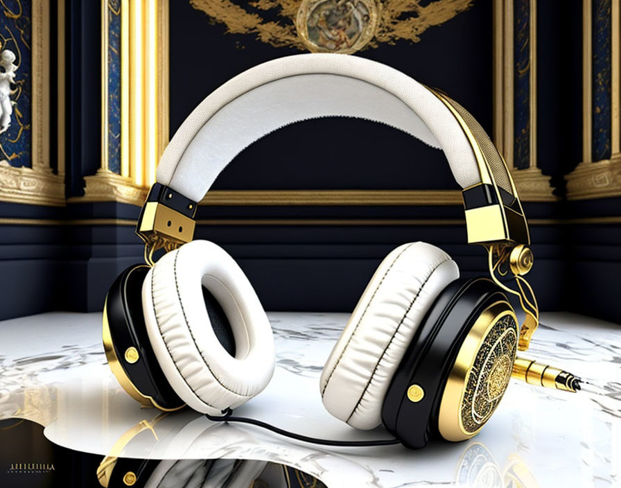 Gold Accented Luxury Headphones on Marble Surface with White Cushions