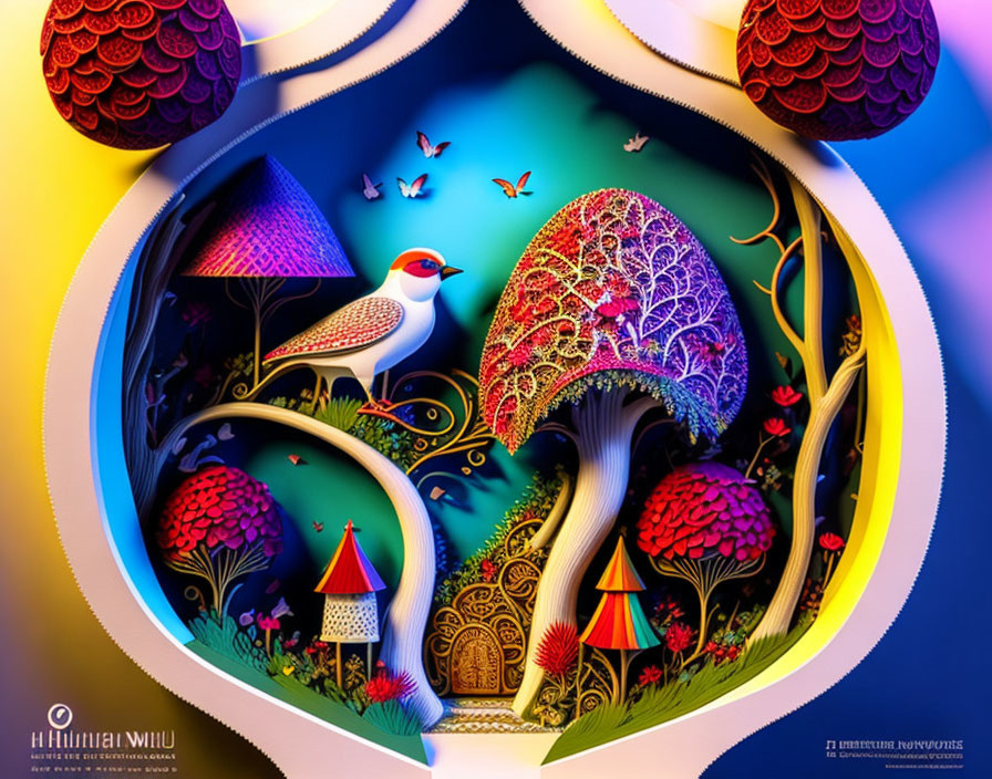 Colorful paper art: Mushrooms, bird, flora under night sky