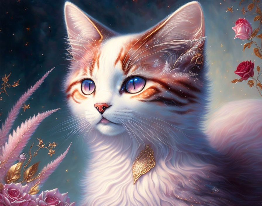 Fanciful white and brown cat with blue eyes in elegant jewelry against blue and rose backdrop