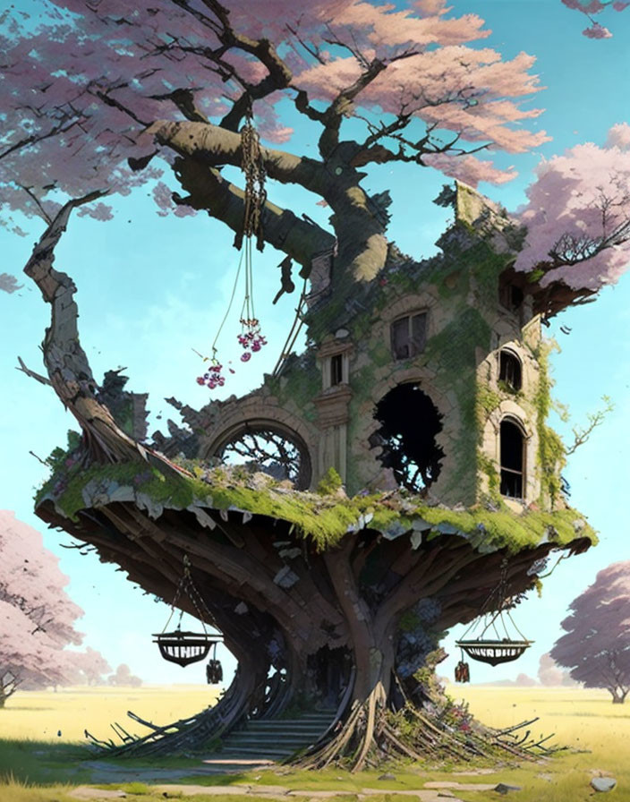 Whimsical treehouse illustration with cherry blossoms and lanterns