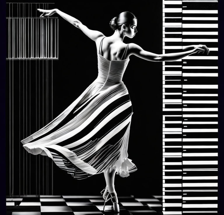 Monochromatic ballet dancer with geometric patterns and stripes