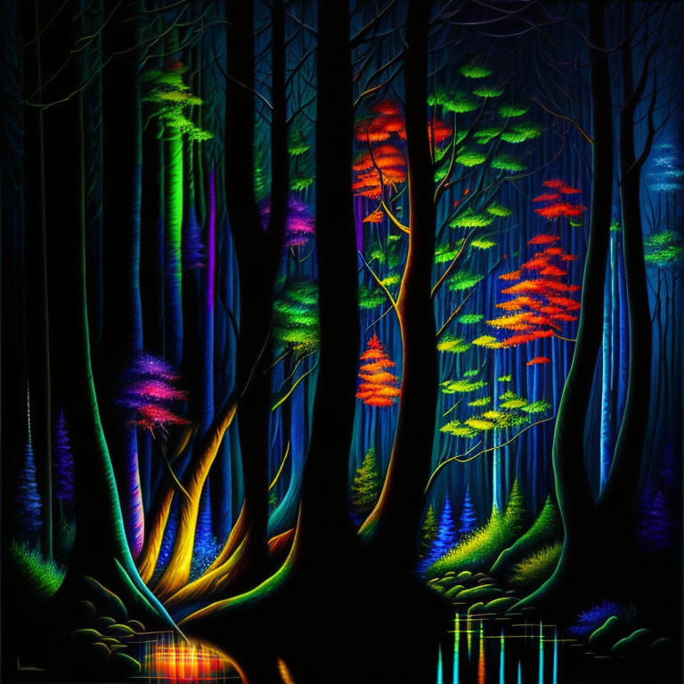 Fantastical neon forest with glowing trees and luminous foliage