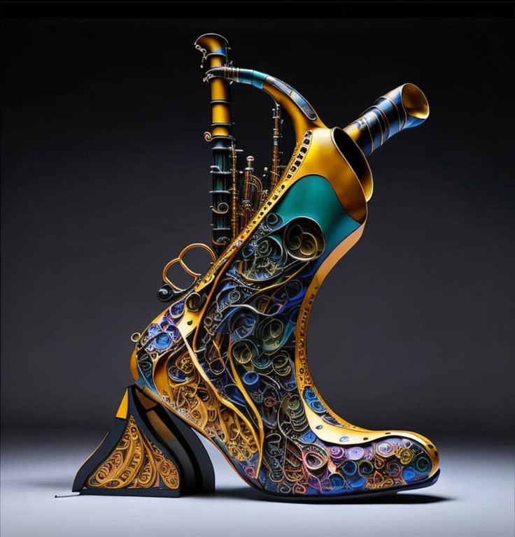 Colorful Patterned High-Heeled Shoe with Bagpipe Elements on Grey Background