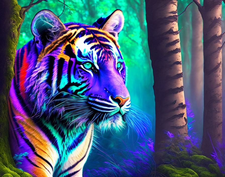 Colorful Tiger in Blue and Purple Amid Mystical Green Forest