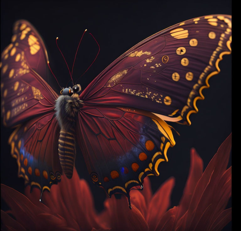 Detailed Close-Up of Butterfly with Intricate Wing Patterns on Vibrant Red Flowers