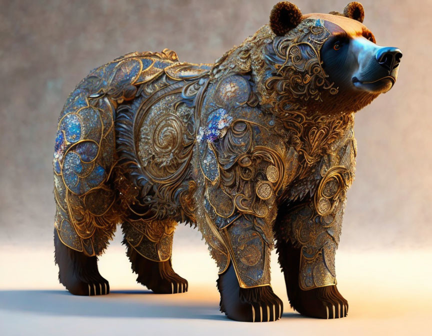 Intricately decorated bear sculpture with golden patterns and blue gemstones on warm background