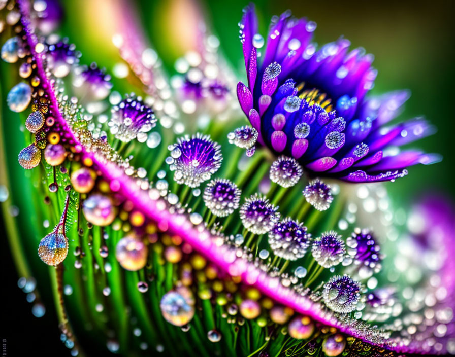 Detailed close-up of vibrant purple and green flower with water droplets magnifying textures.