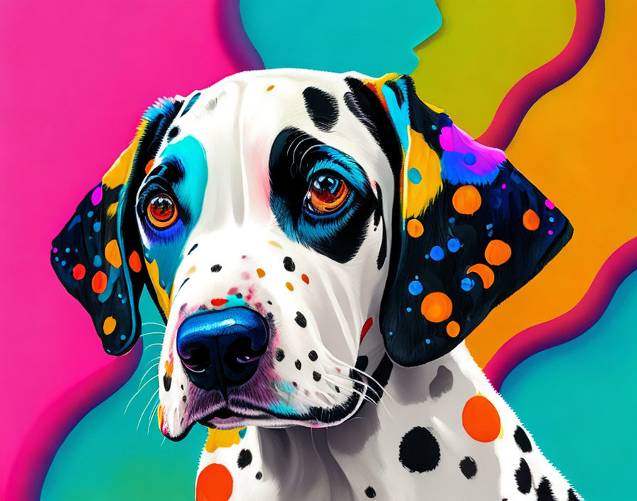 Colorful Dalmatian digital art with polka-dotted ears and captivating eyes