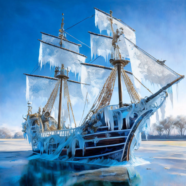 Frozen sailing ship marooned on icy landscape