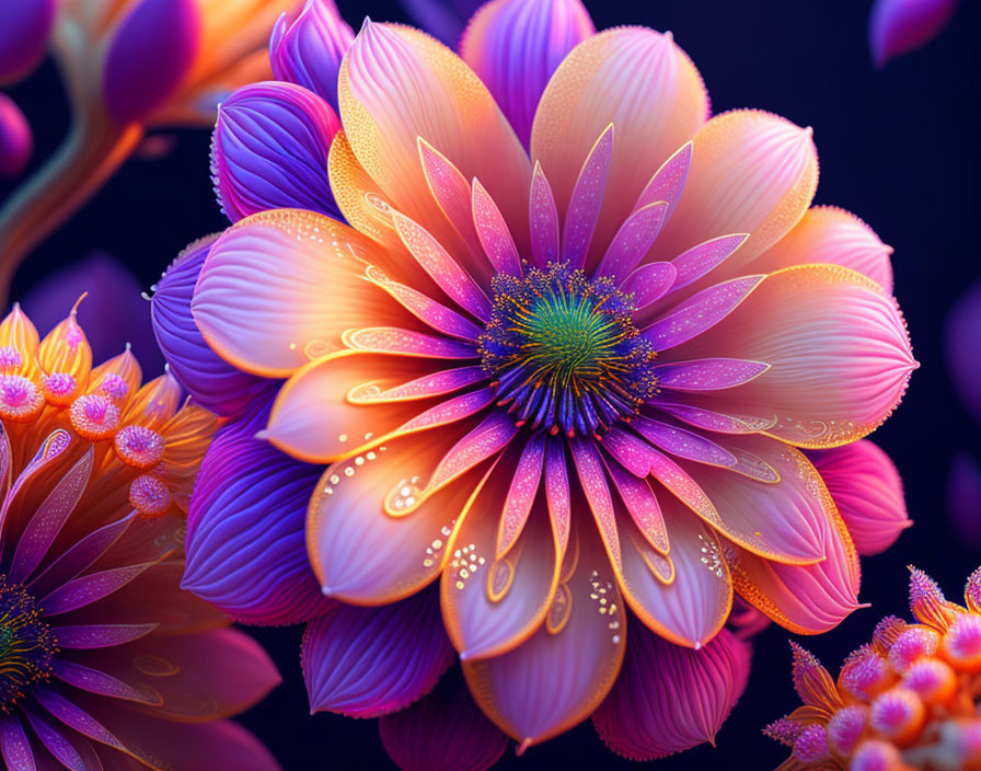 Colorful flower digital art with pink and orange petals, blue stamen, water droplets.