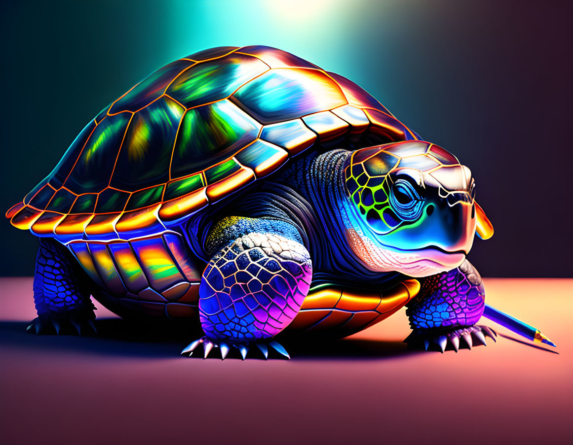 Colorful Digital Artwork: Tortoise with Neon Outlines on Dusky Background