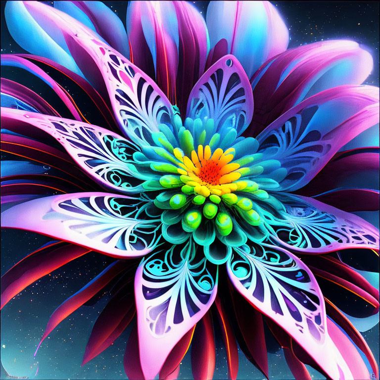 Colorful digital flower art on cosmic backdrop: neon hues, intricate petals, glowing center.