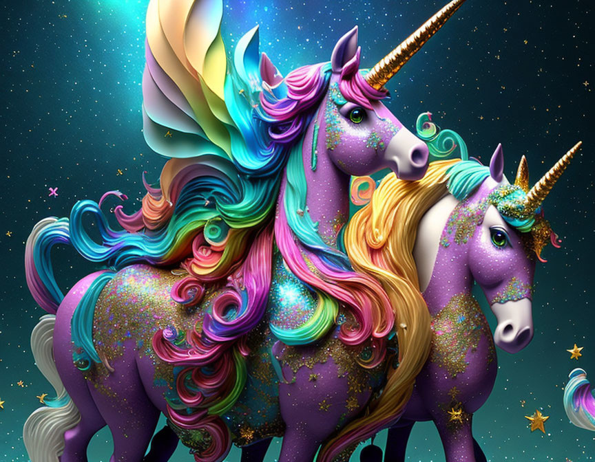 Colorful Sparkly Unicorns with Multicolored Manes on Starry Night Sky