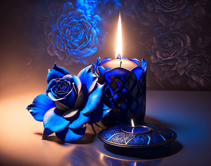 Intricate Blue Roses and Candle on Floral Background