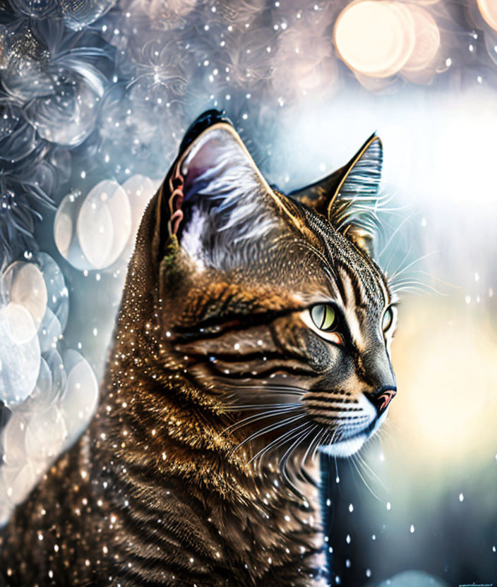 Detailed Tabby Cat Close-Up with Green Eyes on Bokeh Background