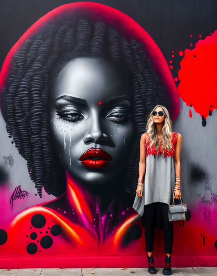 Stylish woman poses in front of vibrant mural with matching red accents