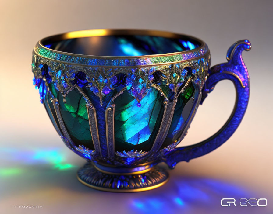 Iridescent Cup with Gold and Purple Designs