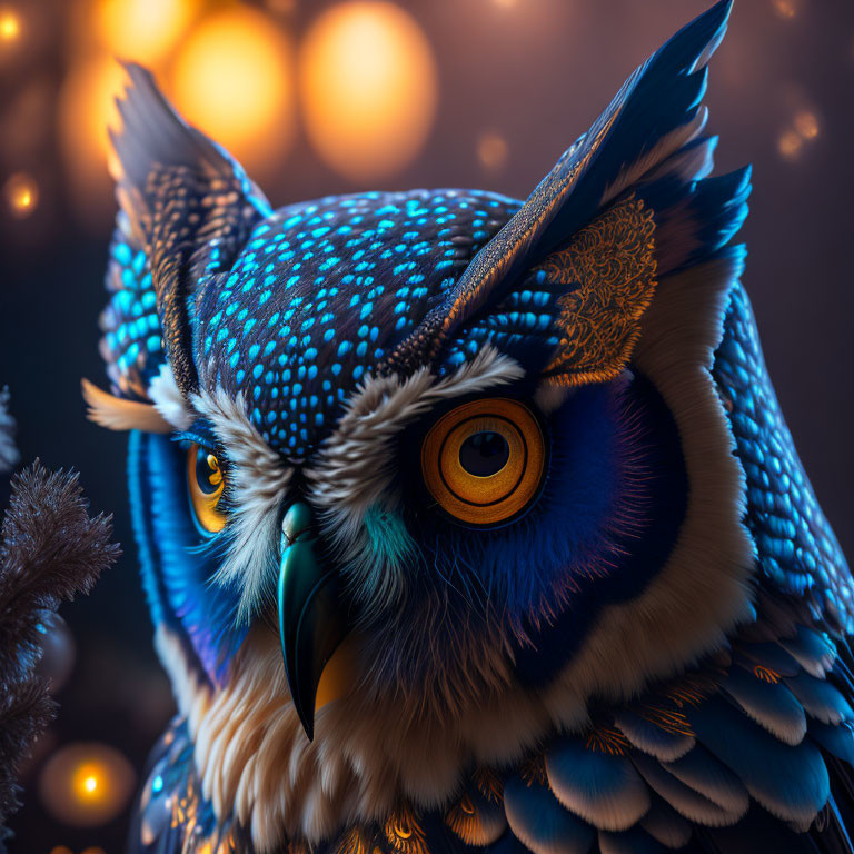 Stylized digital art: Vibrant blue owl with orange eyes