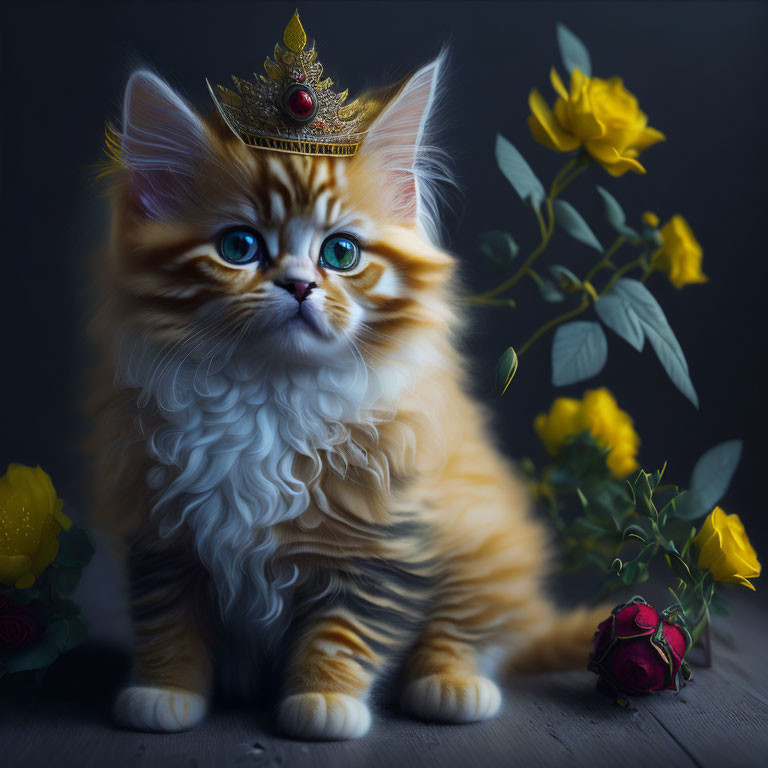 Fluffy cat with golden crown among roses