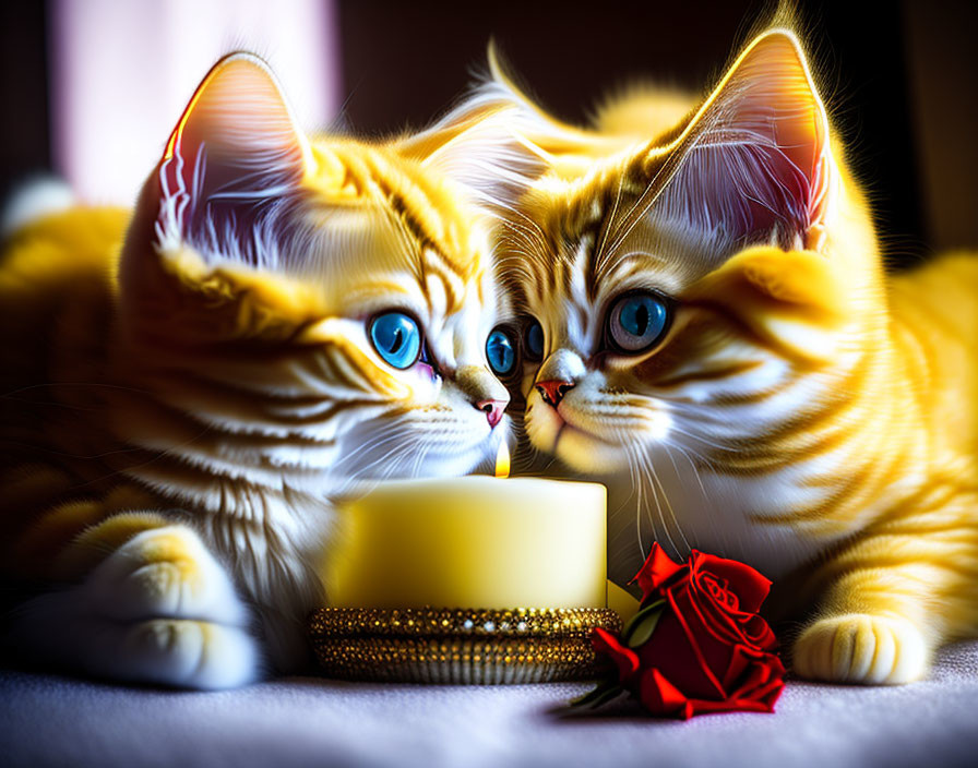 Golden kittens with blue eyes near candle and red rose