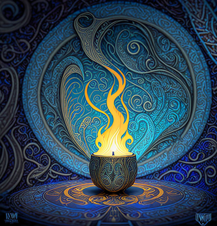 Digital art: Stylized flame in ornate bowl on blue patterned background