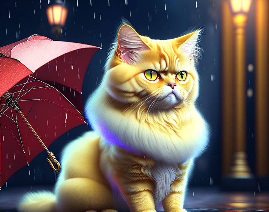 Fluffy orange cat with green eyes next to red umbrella on rainy night