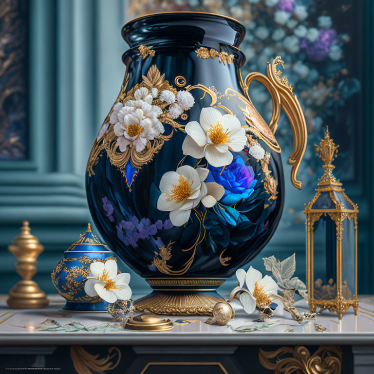 Blue and gold floral-patterned vase with smaller decor on white surface and blue background