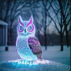 Colorful illuminated owl figurine in blue and purple lights