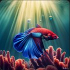 Colorful Betta fish swims with coral and jellyfish in underwater scene